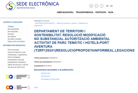Resolución modificación no sustancial de la autorización ambiental T2RP120241 de la empresa Port Aventura Entertainment, SA, de una actividad de parque temático y hoteles, en los términos municipales de Vila-Seca y Salou (exp. T2BCNS180016)