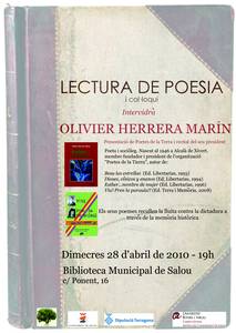 Lectura de Poesía y coloquio en la biblioteca municipal de Salou donde intervendrá Oliver Herrera Marín